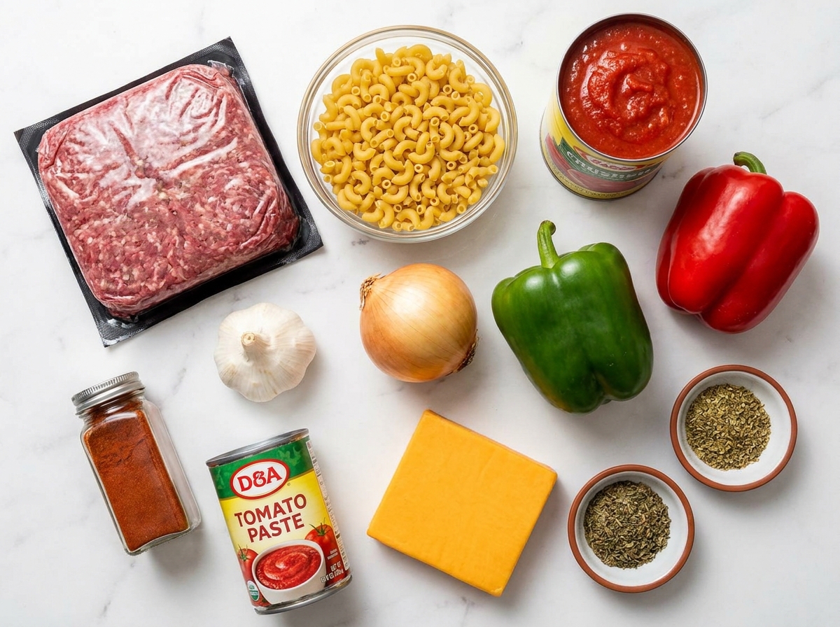 Raw ingredients for old-fashioned goulash including beef, macaroni, tomatoes, peppers, and cheddar