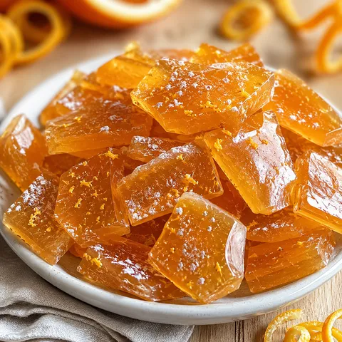 Old Fashioned Orange Candy shards with orange zest on a white plate