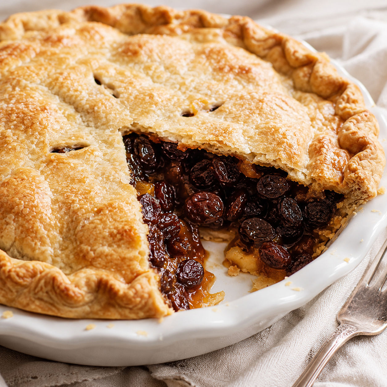 Old Fashioned Raisin Pie with golden crust and glossy raisin filling