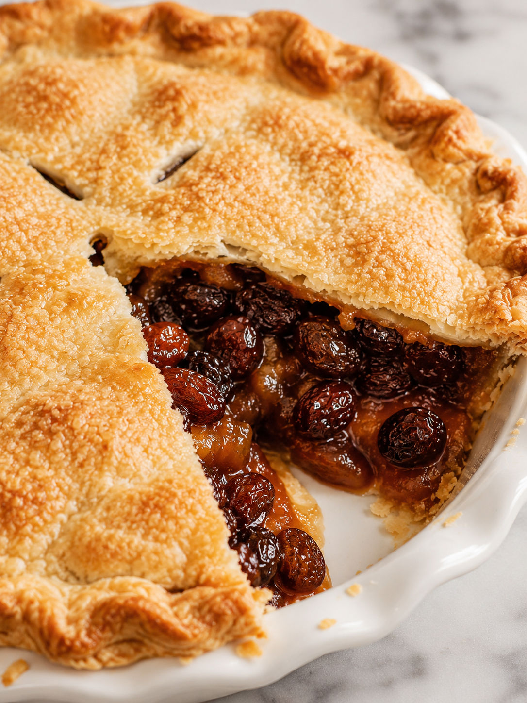 Old Fashioned Raisin Pie, plated and served