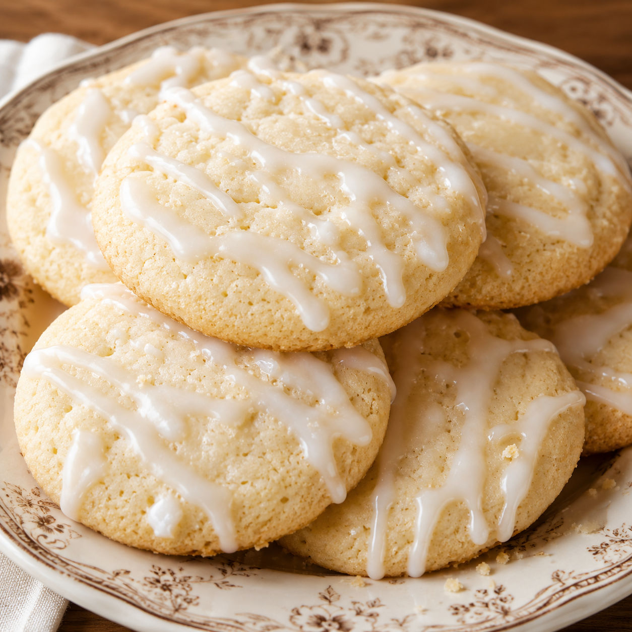 Soft old fashioned sour cream cookies with vanilla glaze on a vintage plate