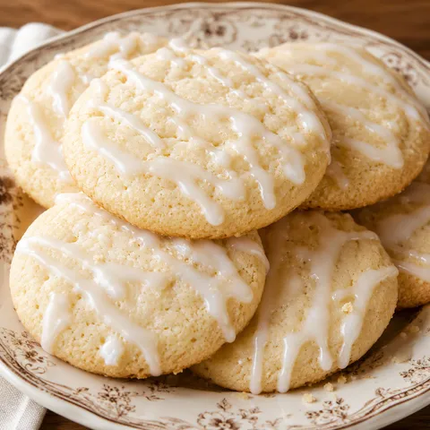 Soft old fashioned sour cream cookies with vanilla glaze on a vintage plate