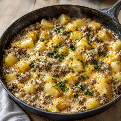 Creamy meat and potatoes skillet with cheddar and parsley