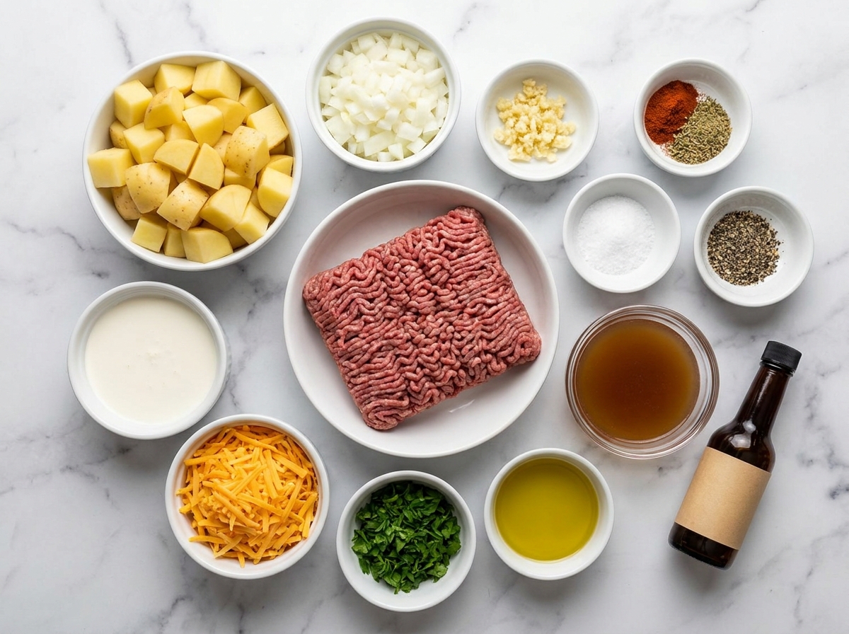 Raw beef, potatoes, cream, cheddar, herbs, and spices for a skillet dinner