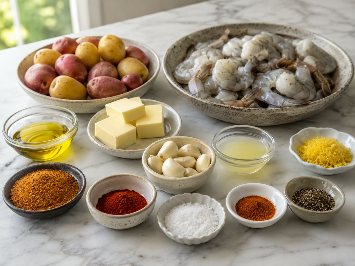 Ingredients for One-Pan Garlic Butter Shrimp Boil laid out