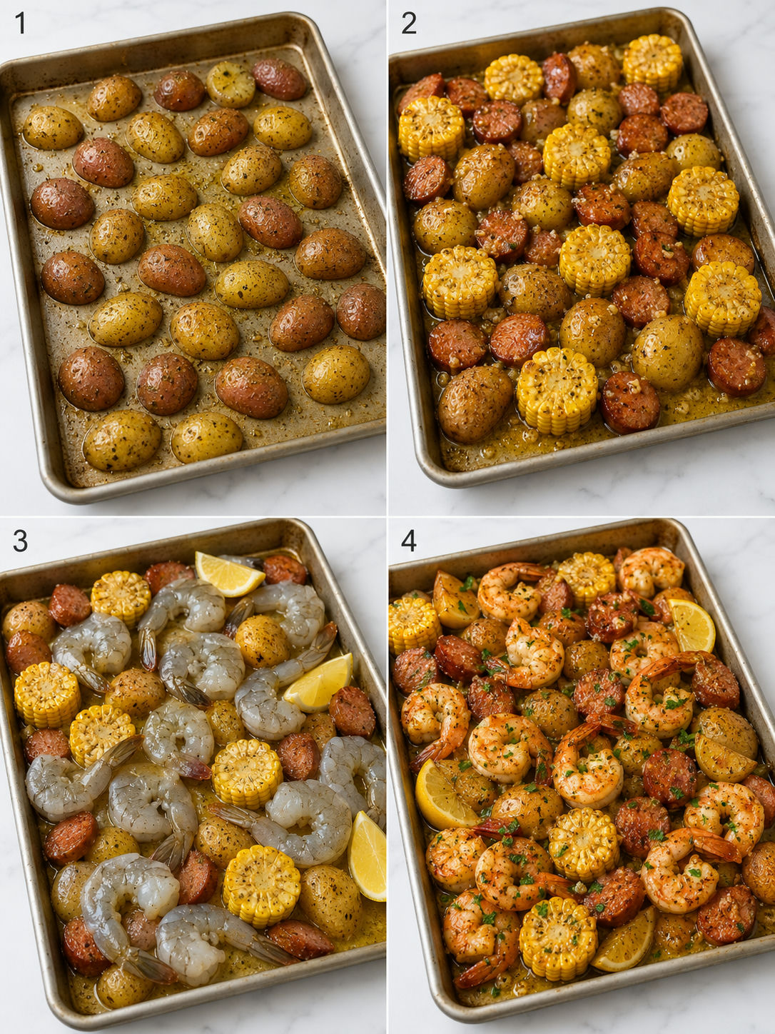 Four steps for roasting shrimp boil with potatoes, corn, sausage, and shrimp