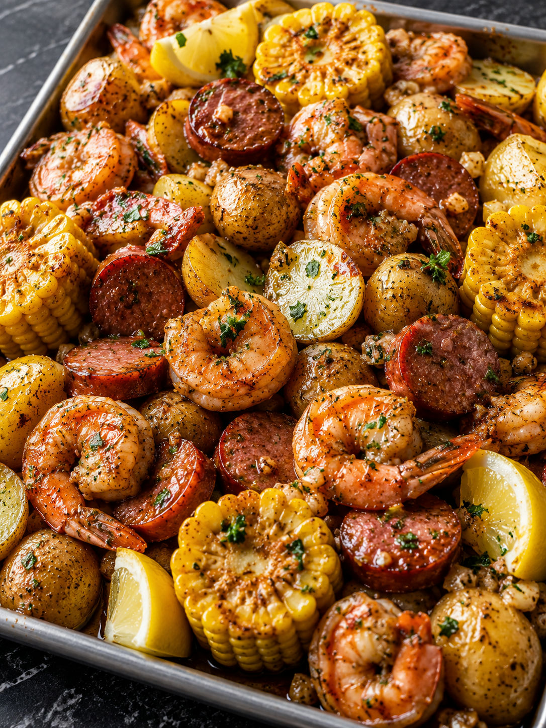 Sheet pan garlic butter shrimp boil with corn, sausage, potatoes, and lemon