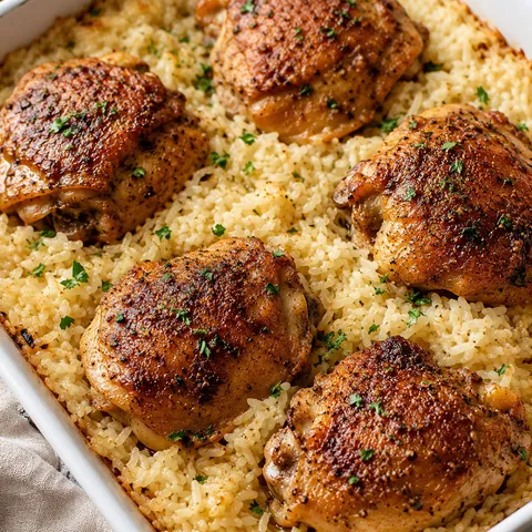 Golden baked chicken thighs over fluffy garlic butter rice with parsley