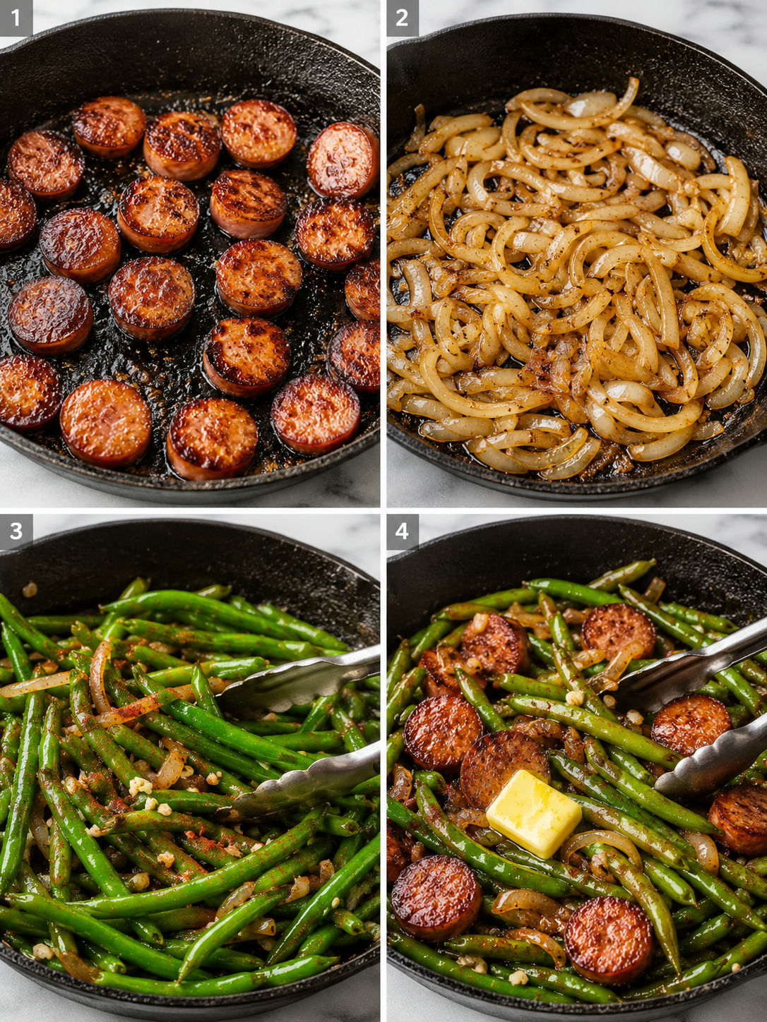 Four step-by-step cooking photos for one pan sausage and green beans