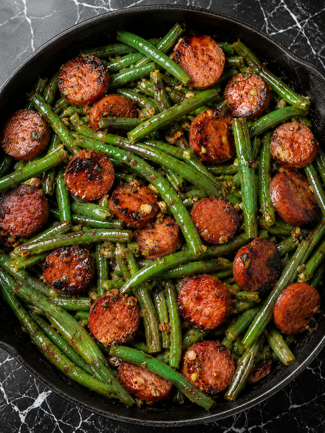 Top-down cast iron skillet of sausage and green beans in garlic butter
