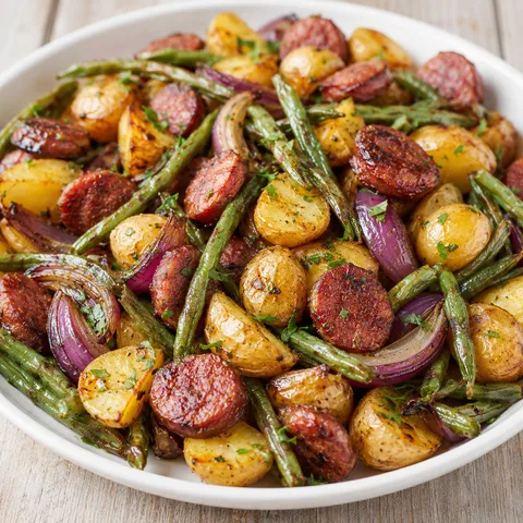 Sausage with green beans and golden potatoes on a white platter