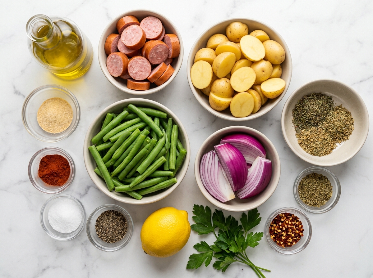 Raw sausage, green beans, potatoes, herbs, lemon, and spices on a table