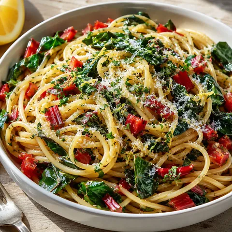 One pan spaghetti with Swiss chard, Parmesan, lemon, and parsley