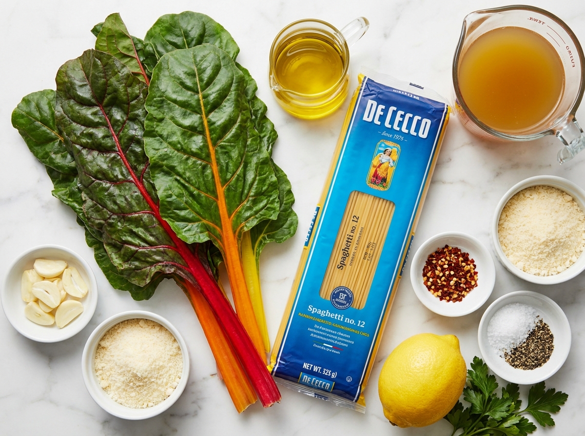 Swiss chard, spaghetti, garlic, Parmesan, lemon, and olive oil on a counter