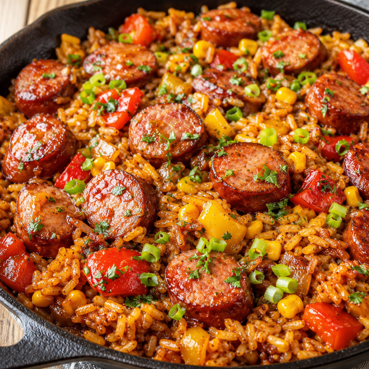 BBQ sausage rice with peppers, corn, and green onions in a skillet