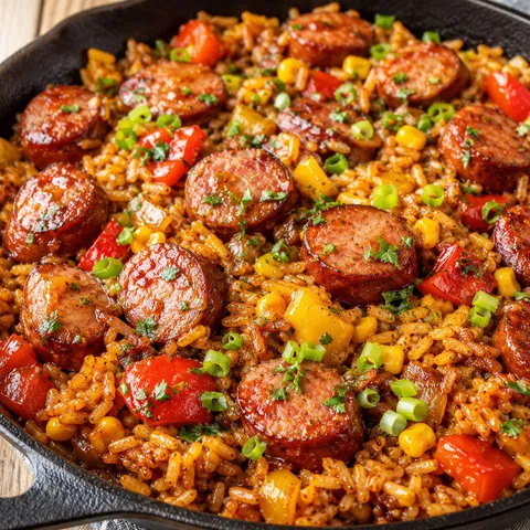 BBQ sausage rice with peppers, corn, and green onions in a skillet