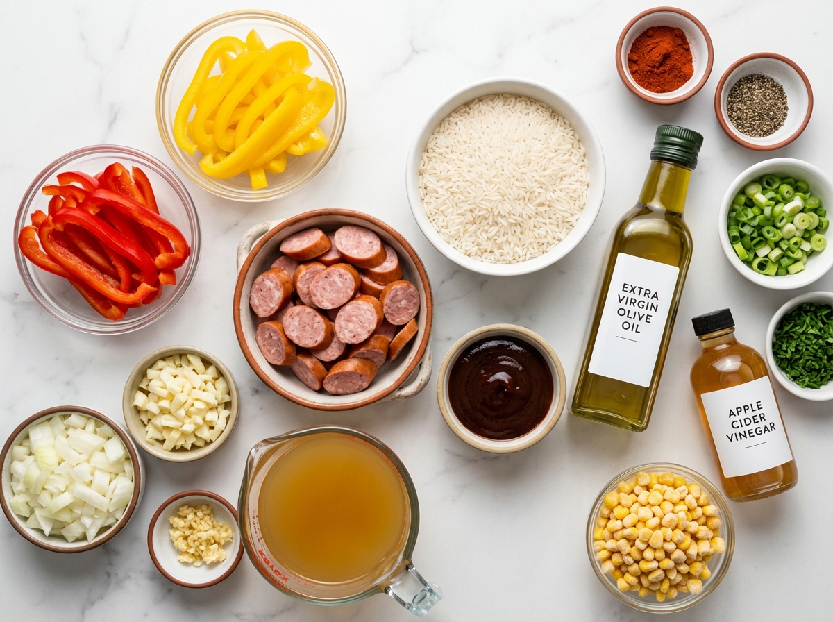 Ingredients for BBQ sausage rice with peppers on a kitchen counter
