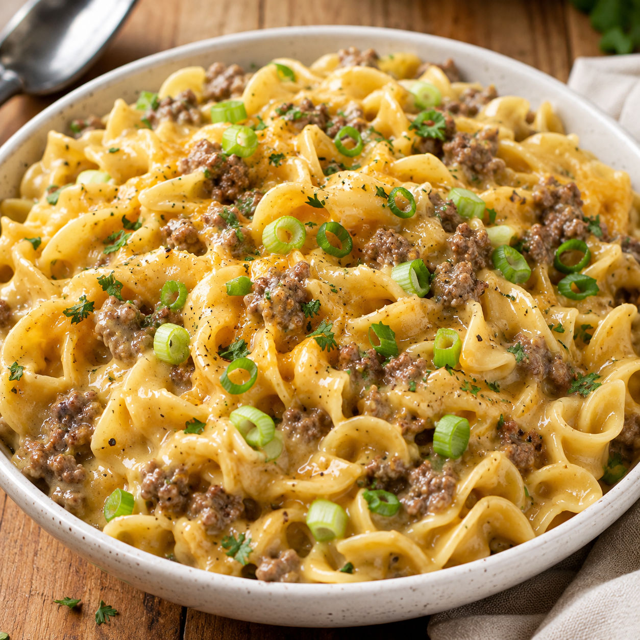 Creamy beef cheddar ranch pasta with green onions in a white bowl