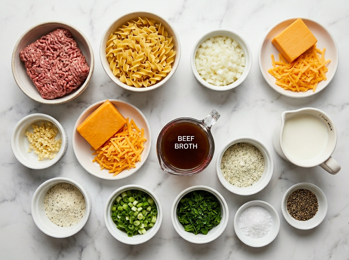 Ingredients for beef cheddar ranch pasta with noodles, cheddar, and ground beef