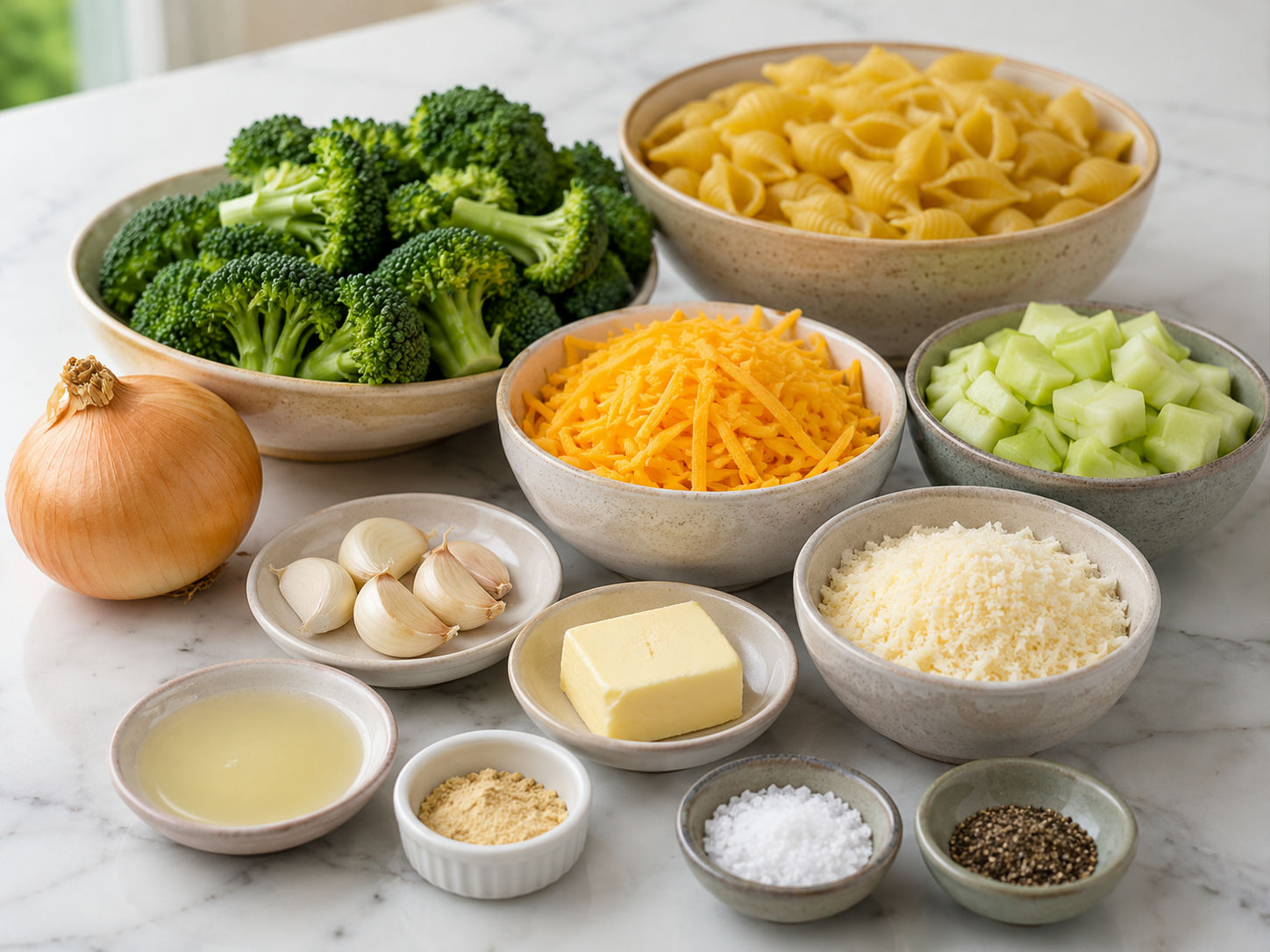 Ingredients for One Pot Broccoli Cheddar Pasta laid out