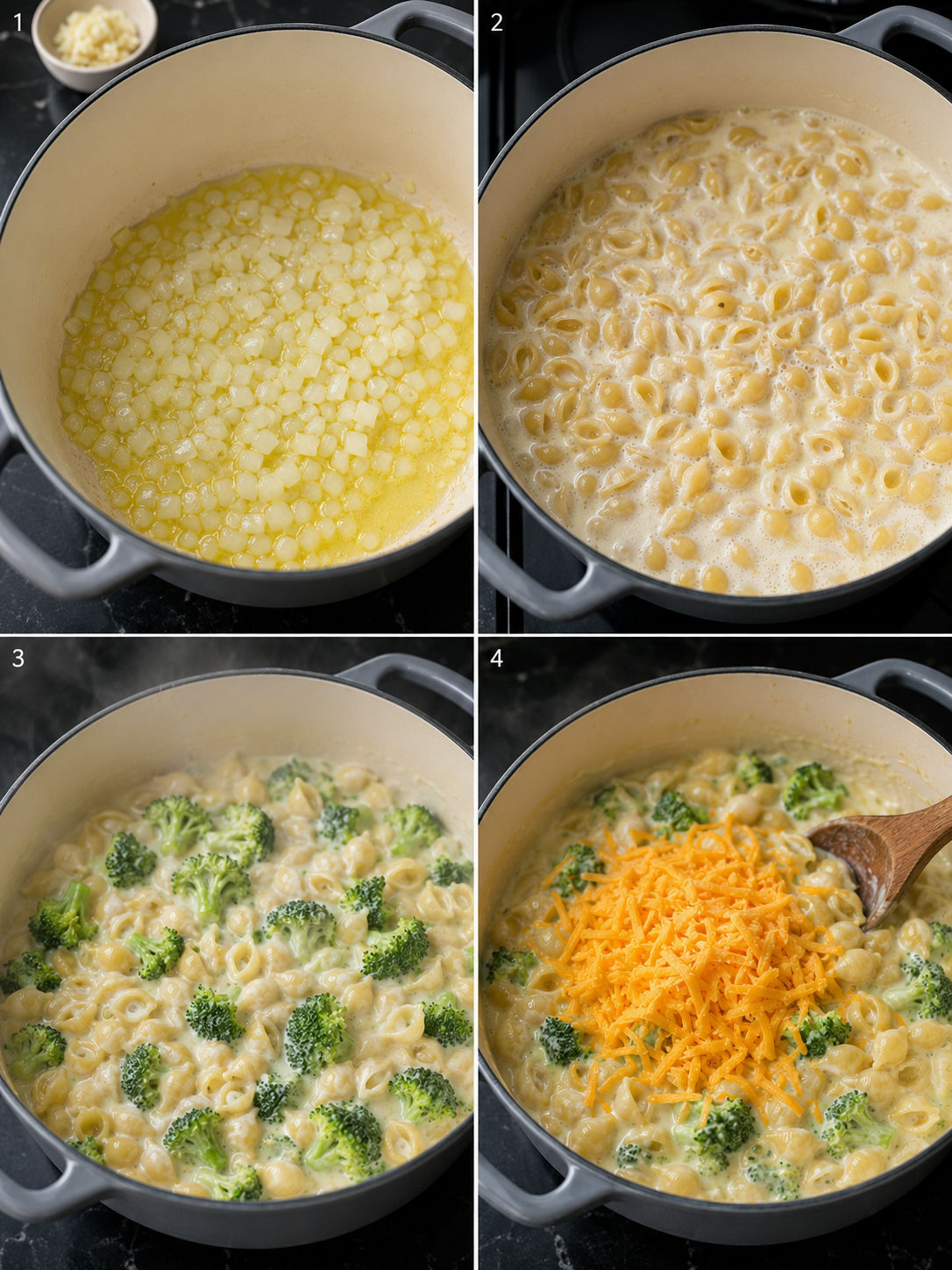 Four cooking steps for broccoli cheddar pasta in one pot