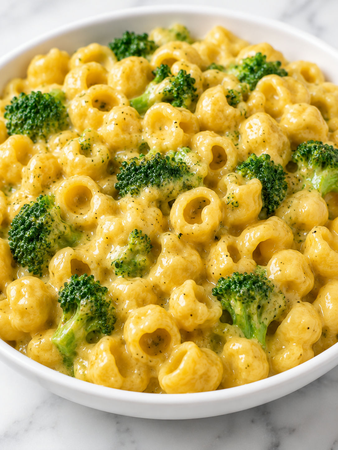 Creamy broccoli cheddar pasta with glossy shells and green florets