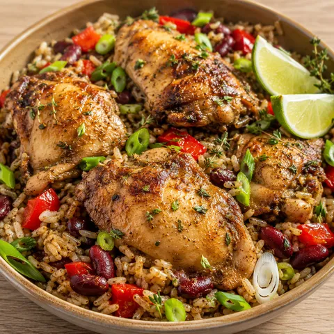 Caribbean chicken and coconut rice with beans, scallions, and lime