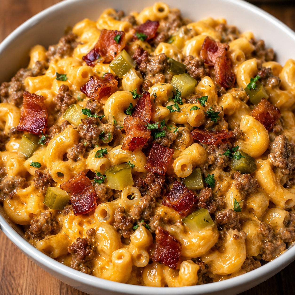 Cheeseburger macaroni with beef, bacon, cheddar, pickles, and parsley