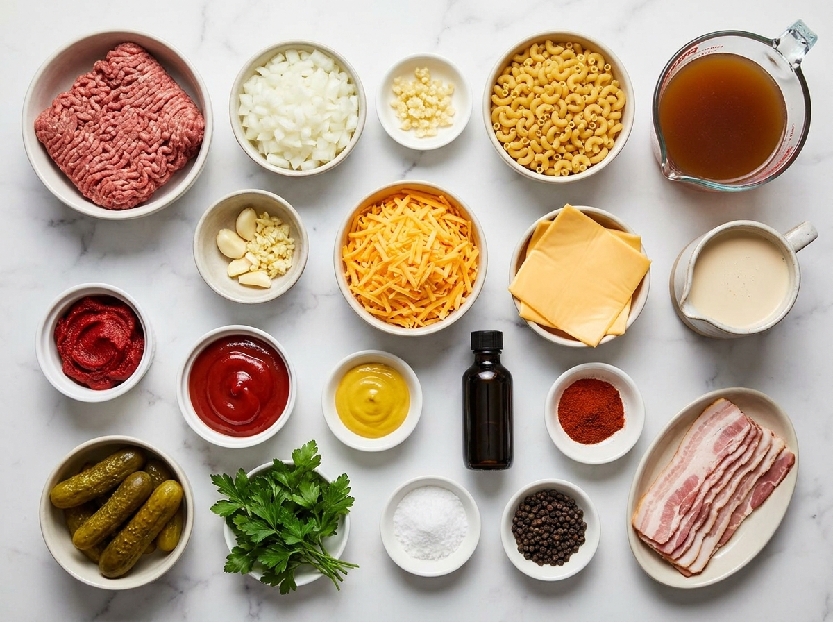 Ingredients for cheeseburger macaroni with beef, bacon, cheese, and pickles