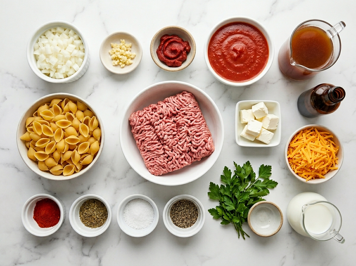Ingredients for cheesy beef and shells on a light wooden surface