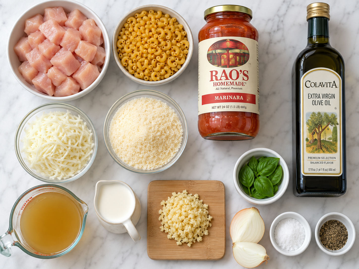 Raw ingredients for one-pot chicken parmesan mac and cheese on a marble surface