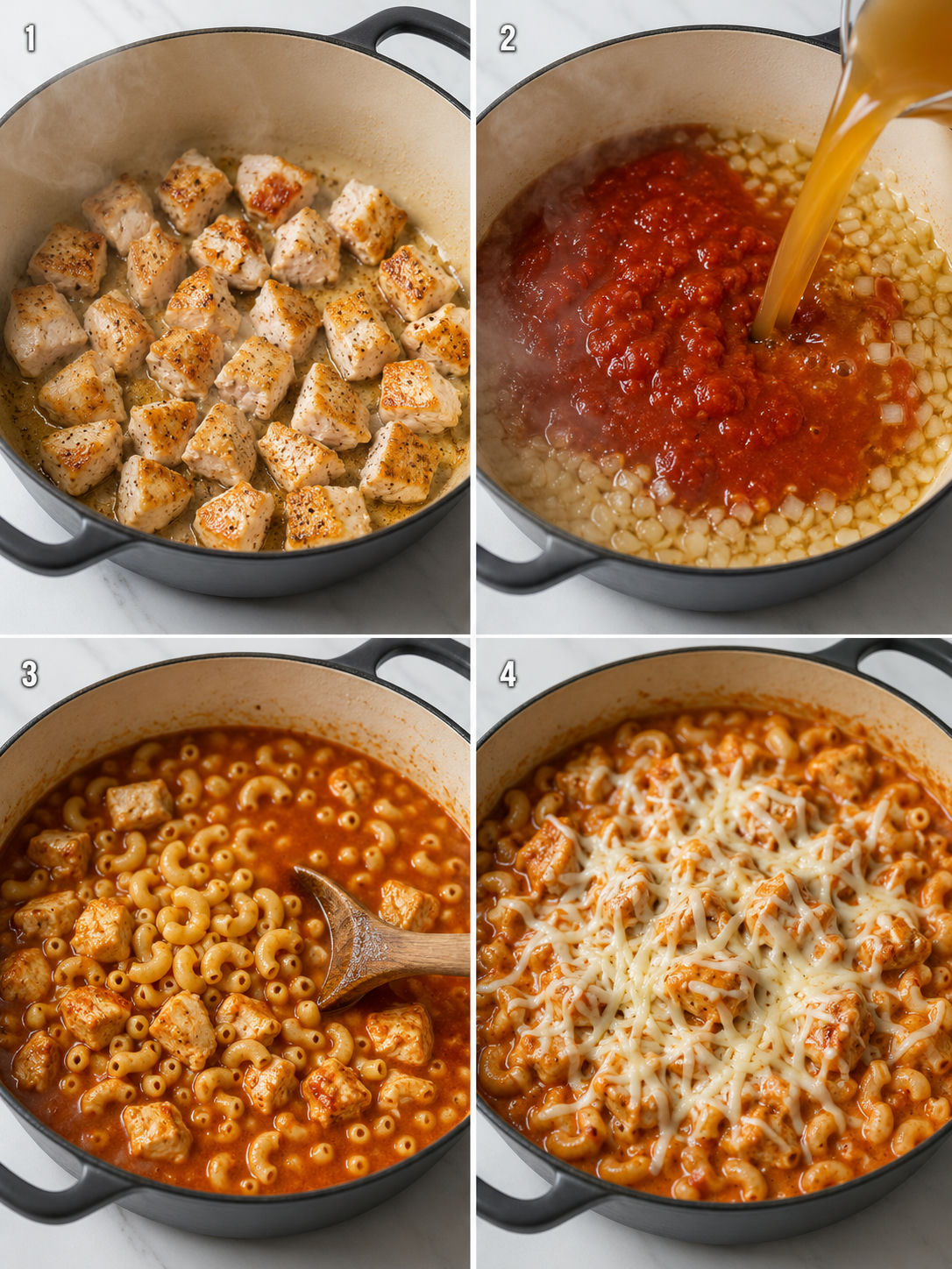 Four cooking steps for one-pot chicken parmesan mac and cheese from searing to cheesy finish