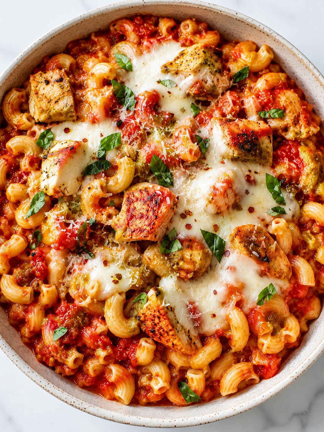 Top-down bowl of one-pot chicken parmesan mac and cheese with mozzarella and fresh basil