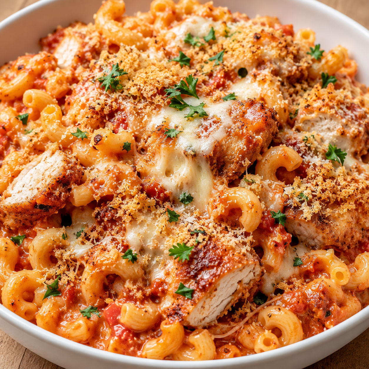 Chicken Parmesan mac and cheese with panko, parsley, and melted cheese