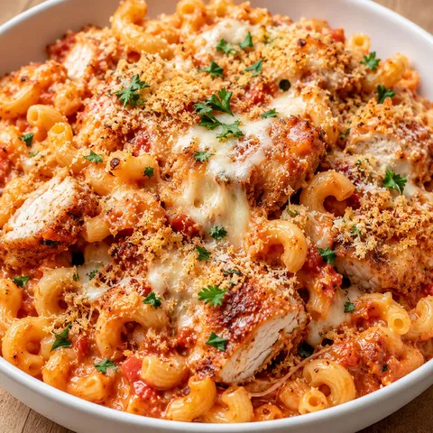 Chicken Parmesan mac and cheese with panko, parsley, and melted cheese