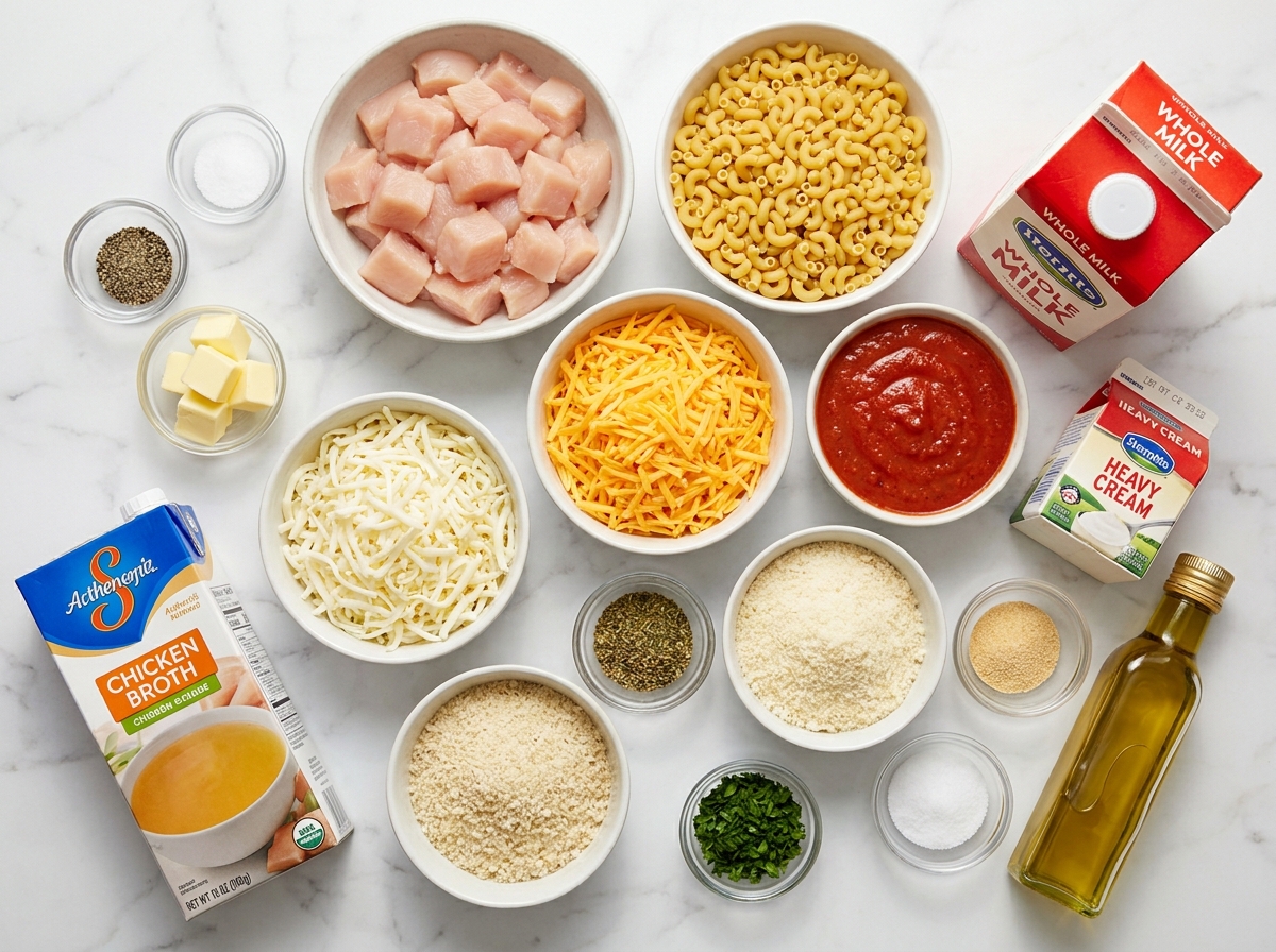Ingredients for chicken Parmesan mac and cheese on a wooden surface