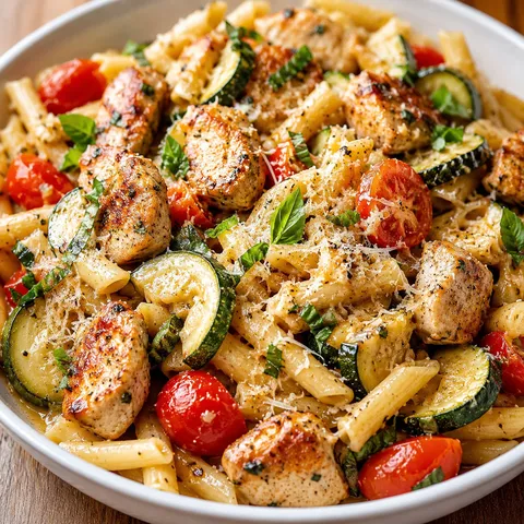 Chicken zucchini pasta skillet with tomatoes, basil, and Parmesan