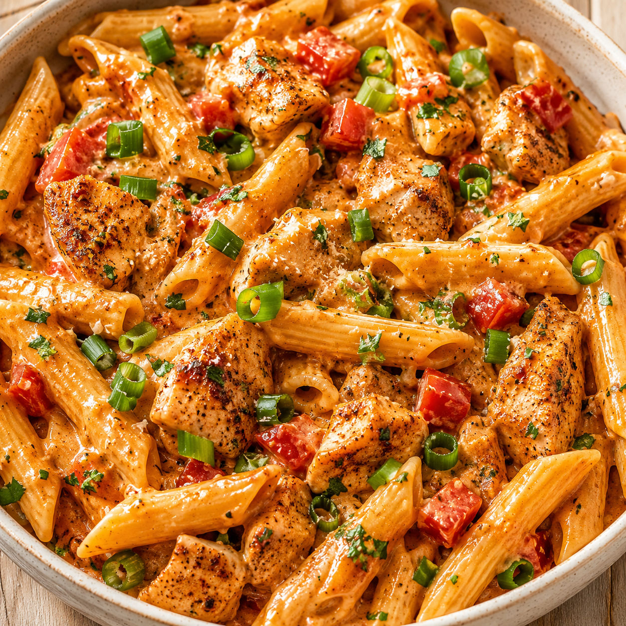 Creamy Cajun chicken penne with green onions and parsley