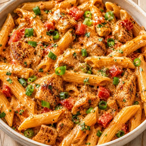 Creamy Cajun chicken penne with green onions and parsley