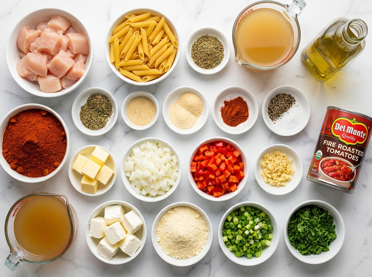 Ingredients for creamy Cajun chicken pasta on a wooden surface