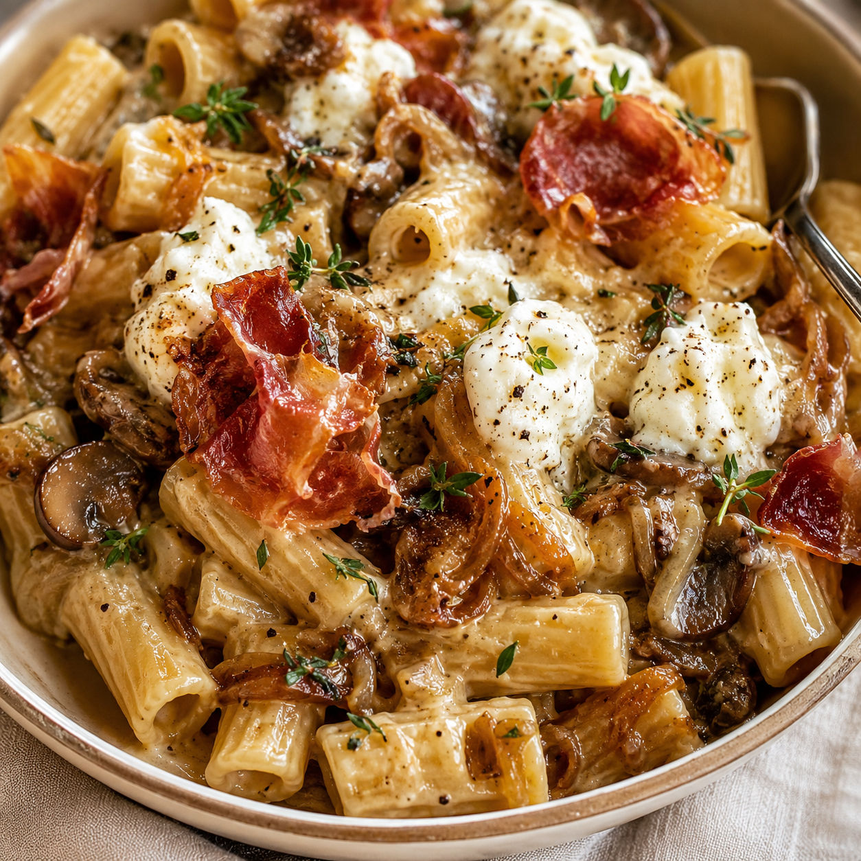 French onion pasta with burrata, mushrooms, thyme, and crisp prosciutto