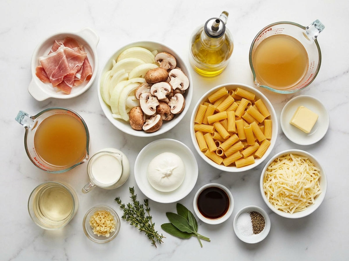 Ingredients for French onion pasta with prosciutto, onions, pasta, and cheese