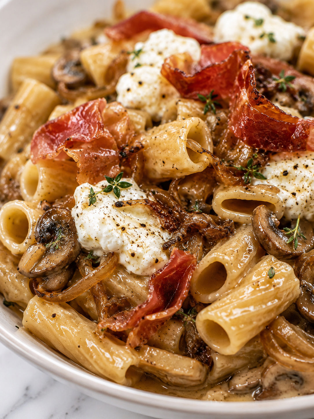 One Pot French Onion Pasta with Prosciutto, plated and served