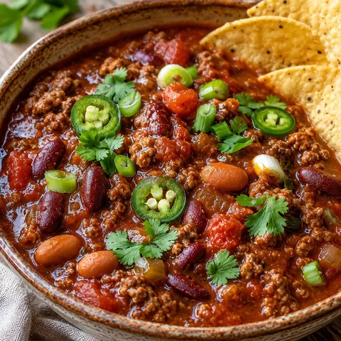 One pot homemade chili with beef, beans, scallions, cilantro, and jalapenos