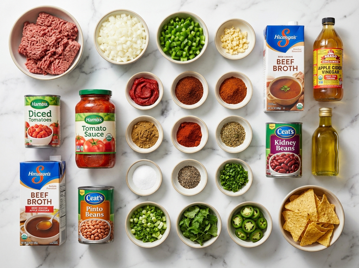 Ingredients for one pot homemade chili with beef, beans, tomatoes, and spices