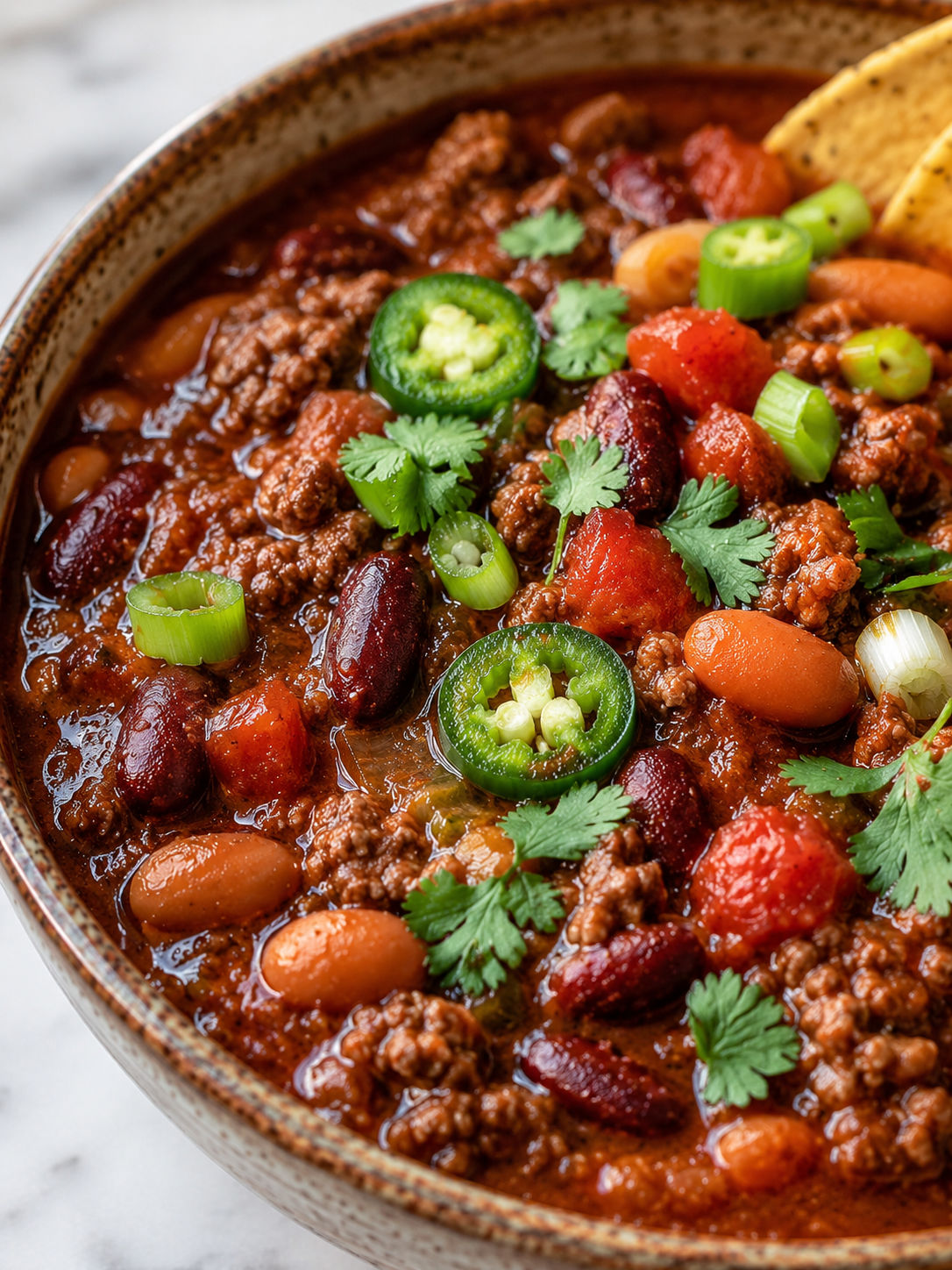 One Pot Homemade Chili, plated and served