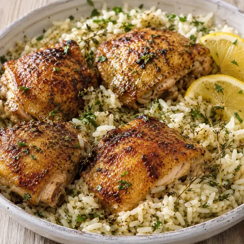 Lemon herb chicken thighs over fluffy rice with parsley and lemon