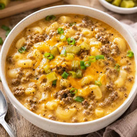 Creamy macaroni cheeseburger soup with ground beef, cheddar, and pickles