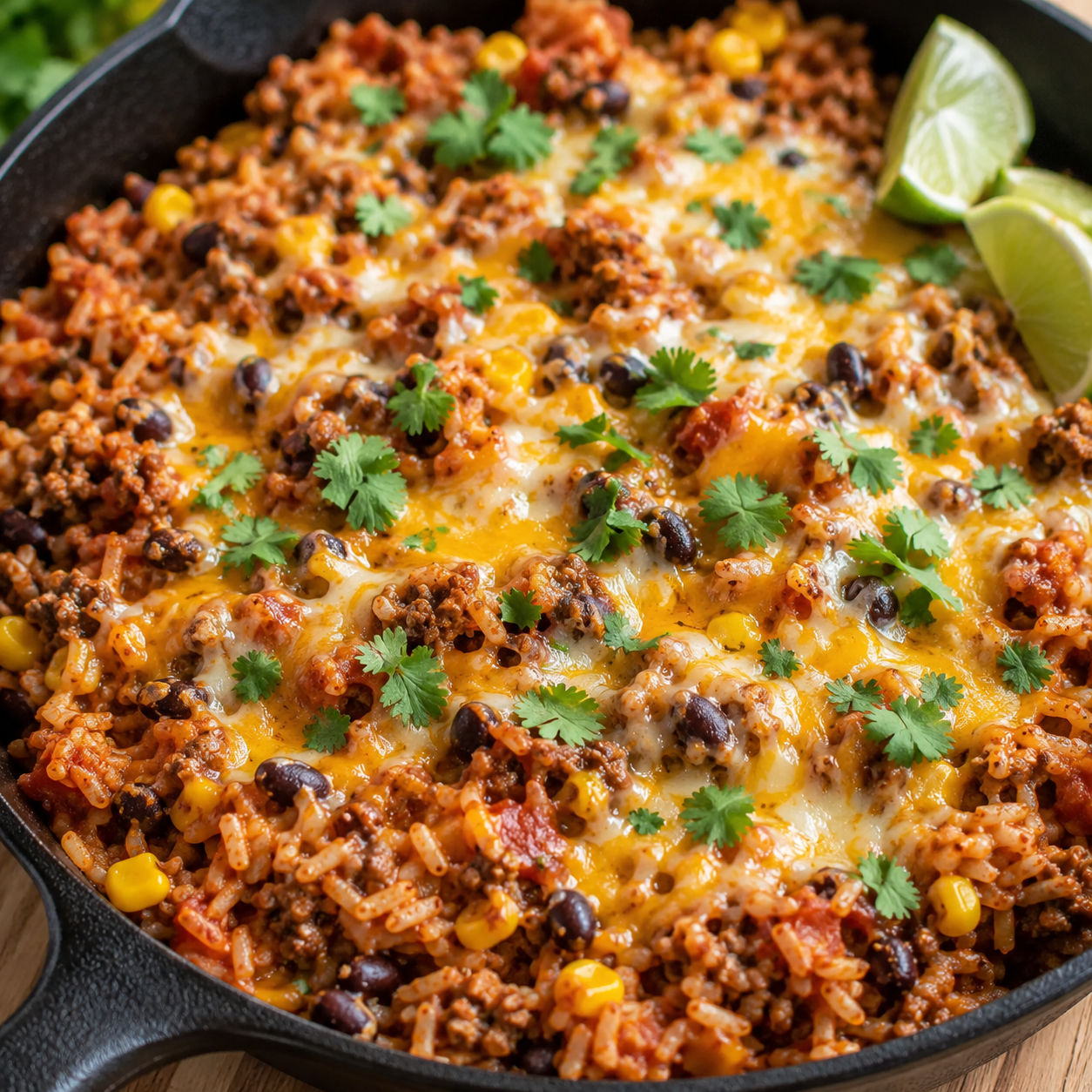 One pot Mexican rice casserole with beef, beans, corn, cheese, and cilantro