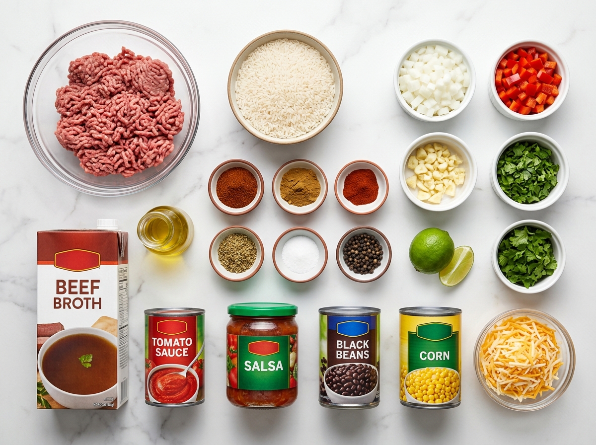 Ingredients for Mexican rice casserole with beef, rice, beans, corn, and cheese